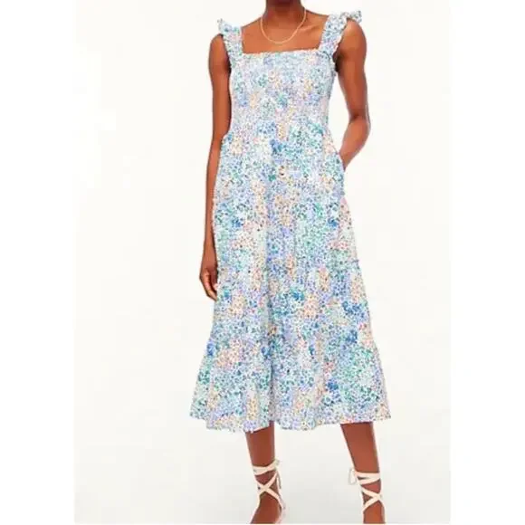 J. Crew Dress Floral Cotton Smocked Midi Tiered Multicolor Size Medium - Picture 1 of 10